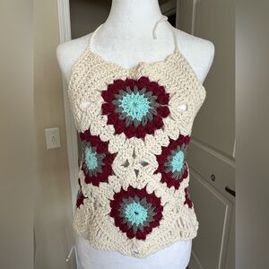 Handmade Crochet Halter Top - Cream, Red, and Blue